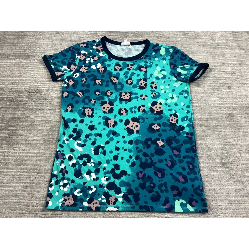 LuLaRoe T-Shirt Womens Medium Teal Navy Leopard Print Ringer Tee Short Sleeve